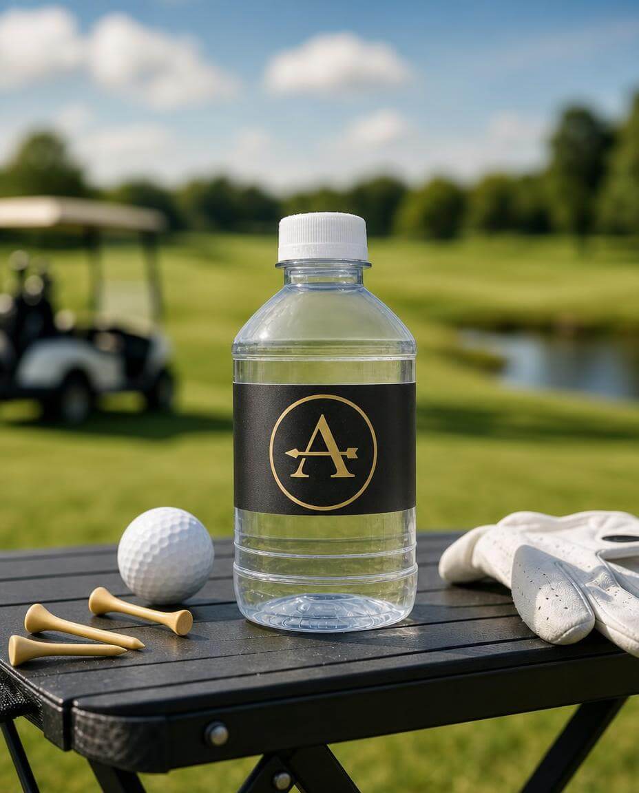 Custom 8 oz bottles on a golf course