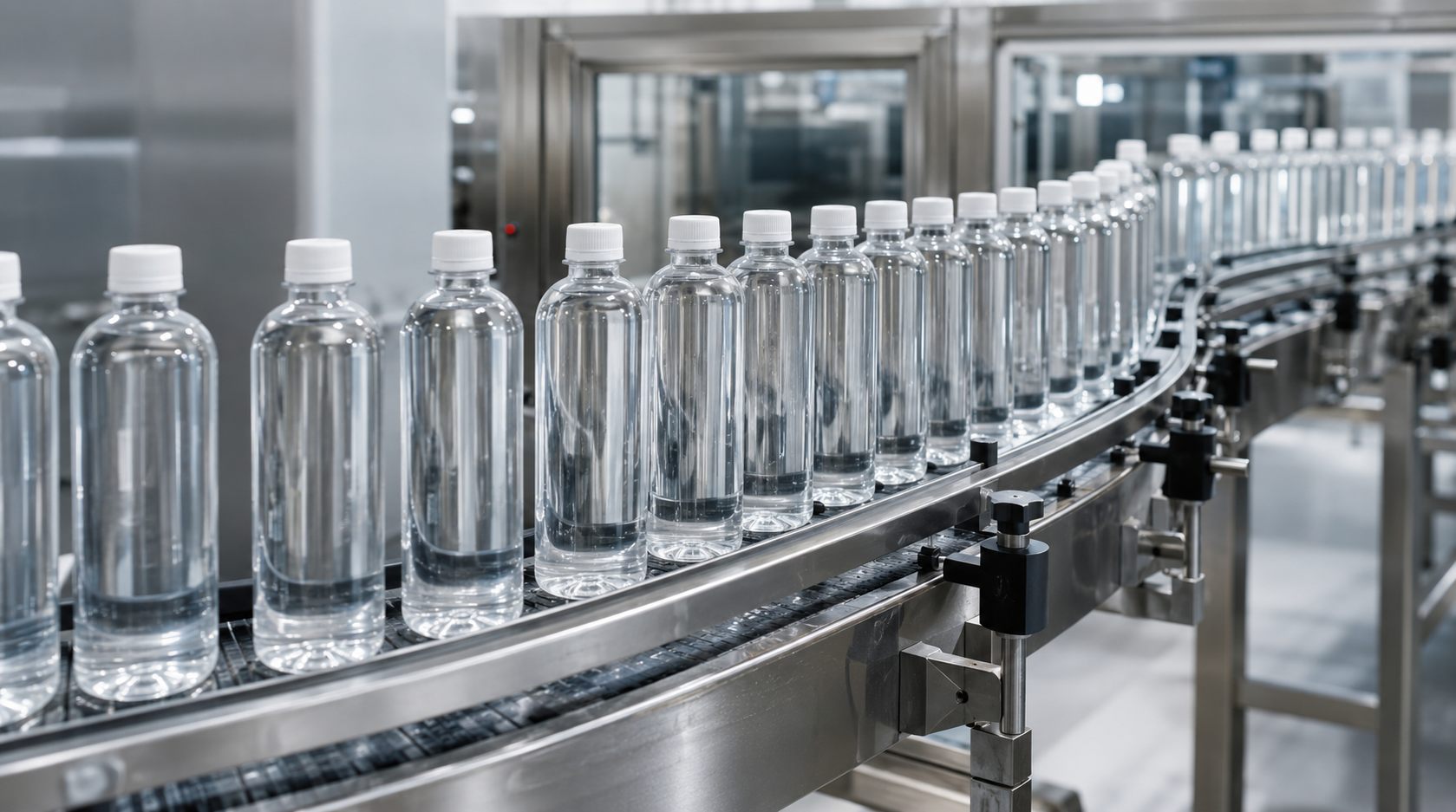 Sealed unlabeled bottles coming off the bottling line