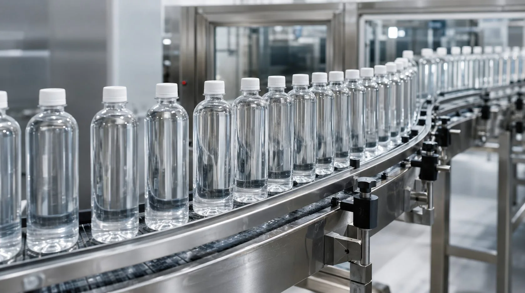 Sealed unlabeled bottles coming off the bottling line