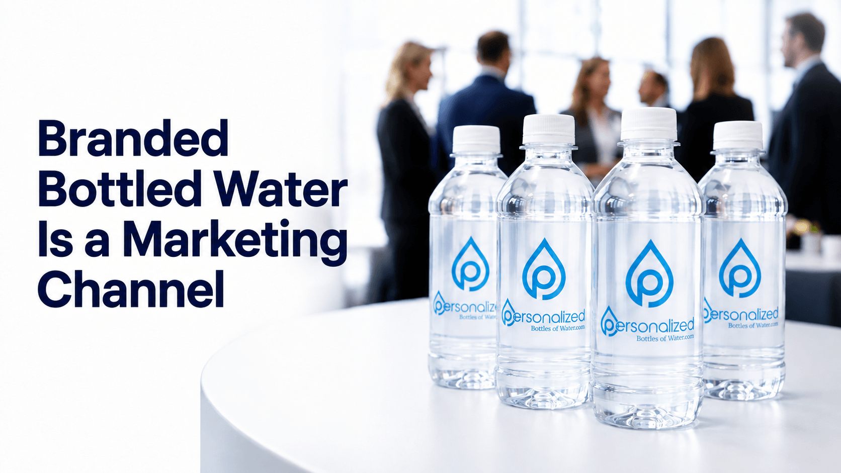 Branded water bottles staged at a marketing event