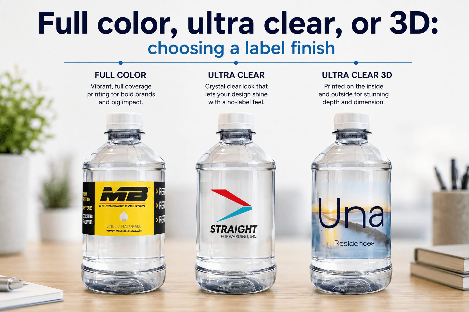 Full-color, ultra-clear and 3D label finishes on custom water bottles