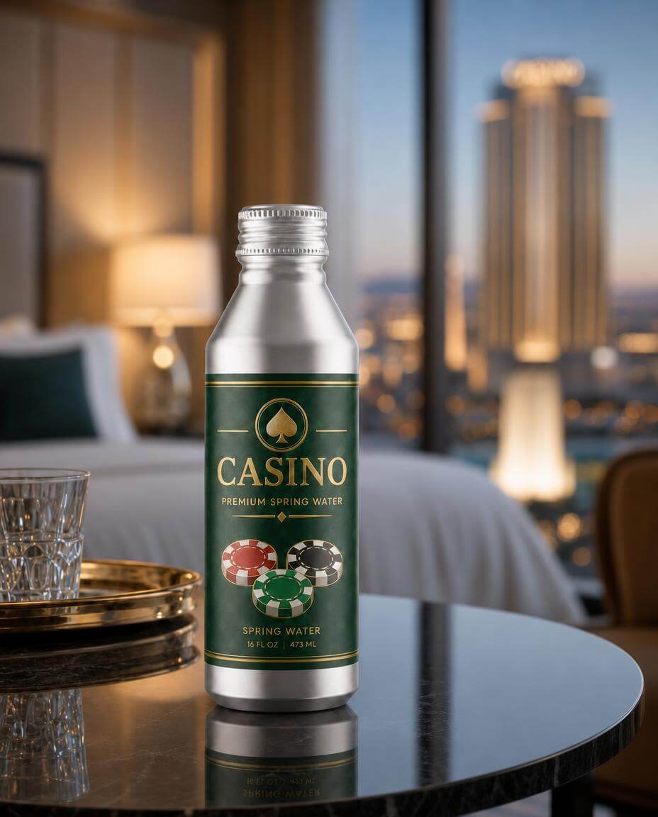 Branded aluminum bottle on the casino floor