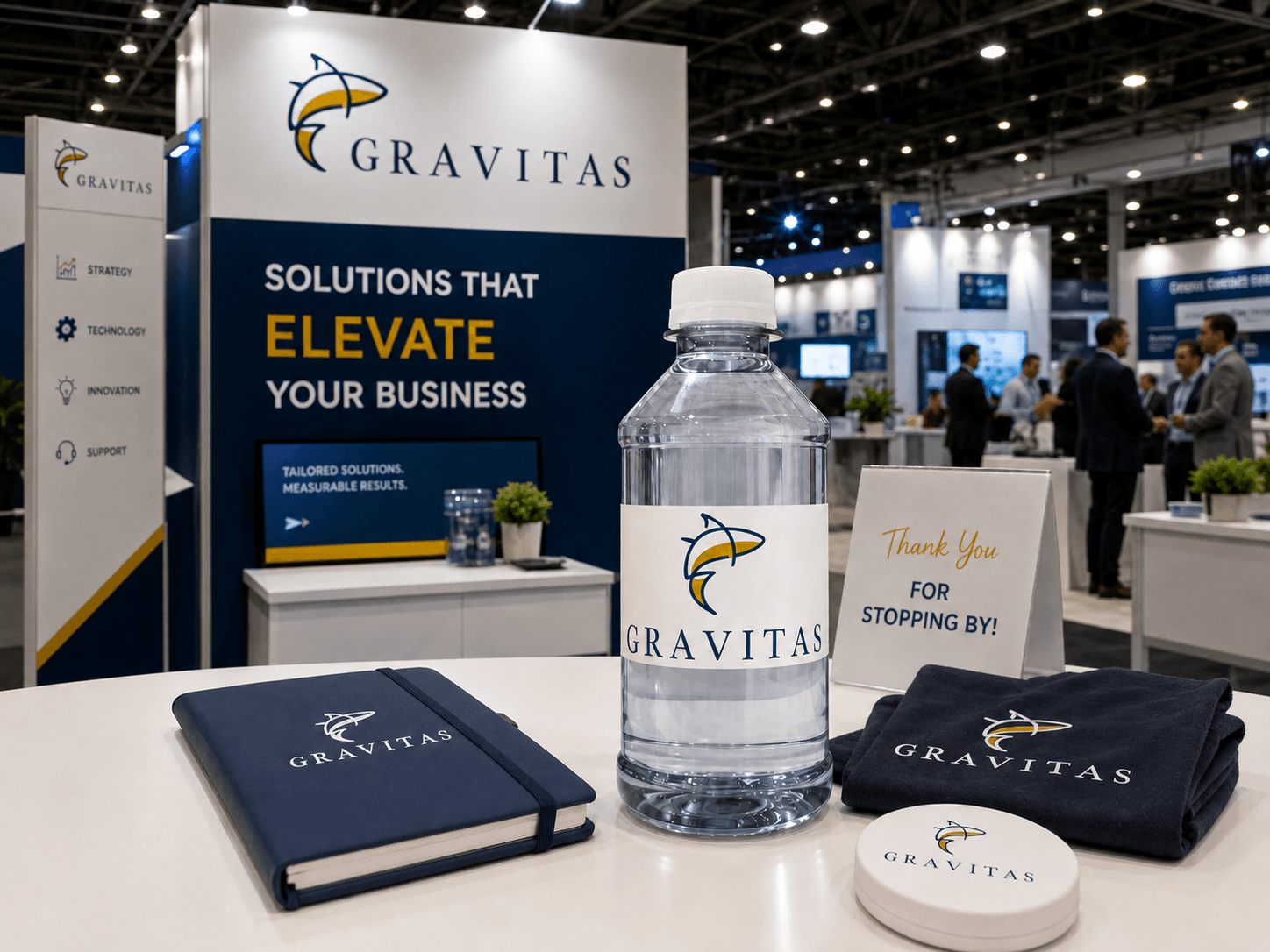 Gravitas trade-show booth with branded bottles and giveaways