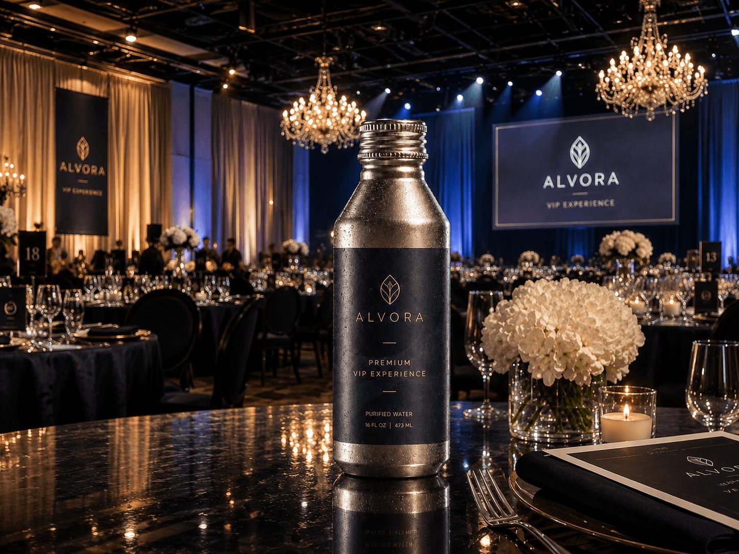 ALVORA aluminum VIP bottle on an awards-gala table