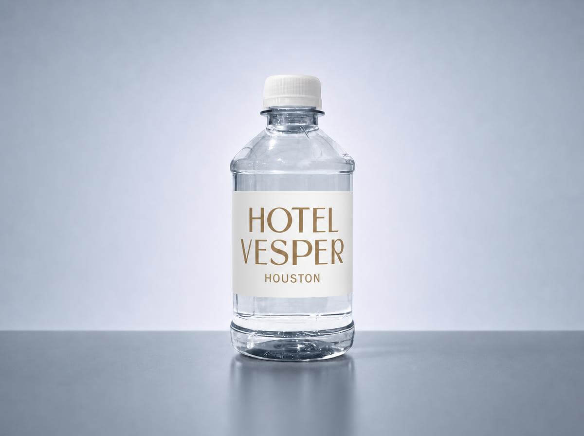 Custom-label water bottle for Hotel Vesper Houston