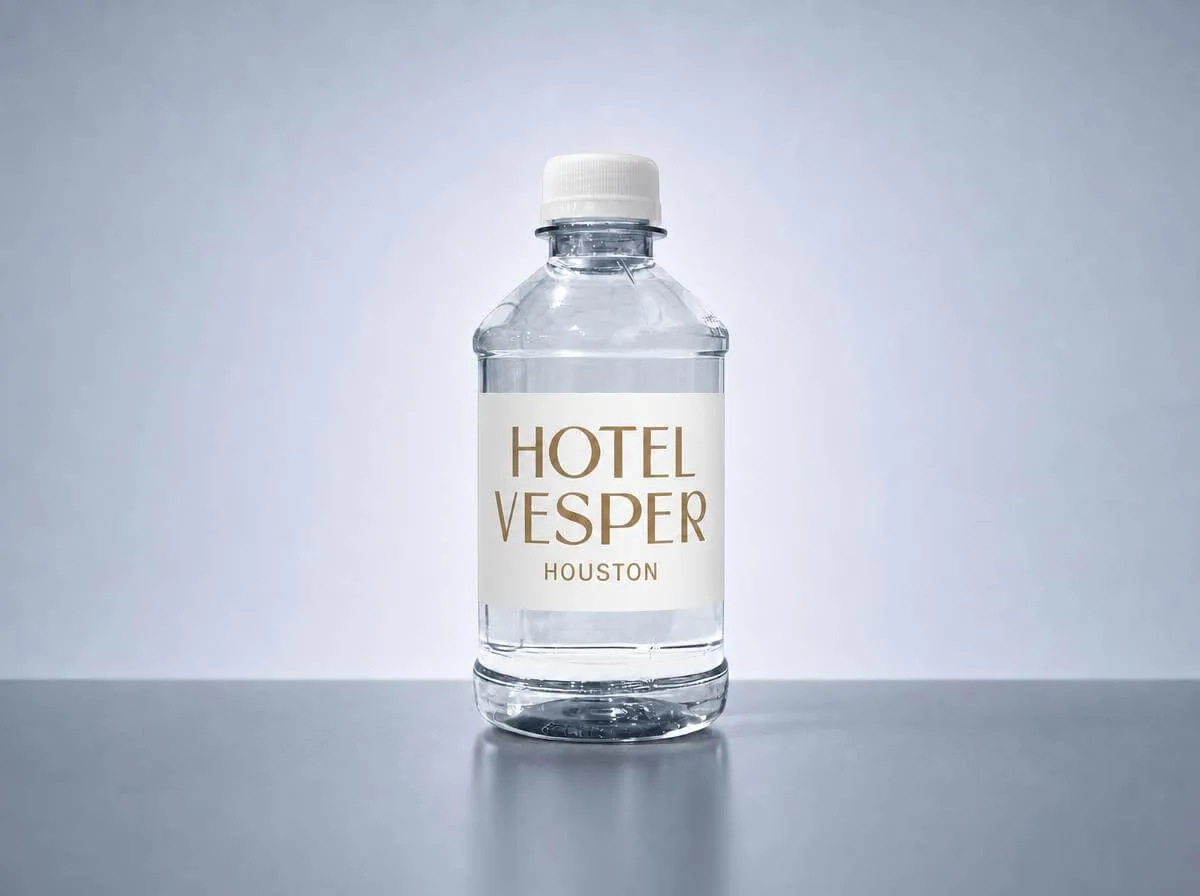 Custom-label water bottle for Hotel Vesper Houston
