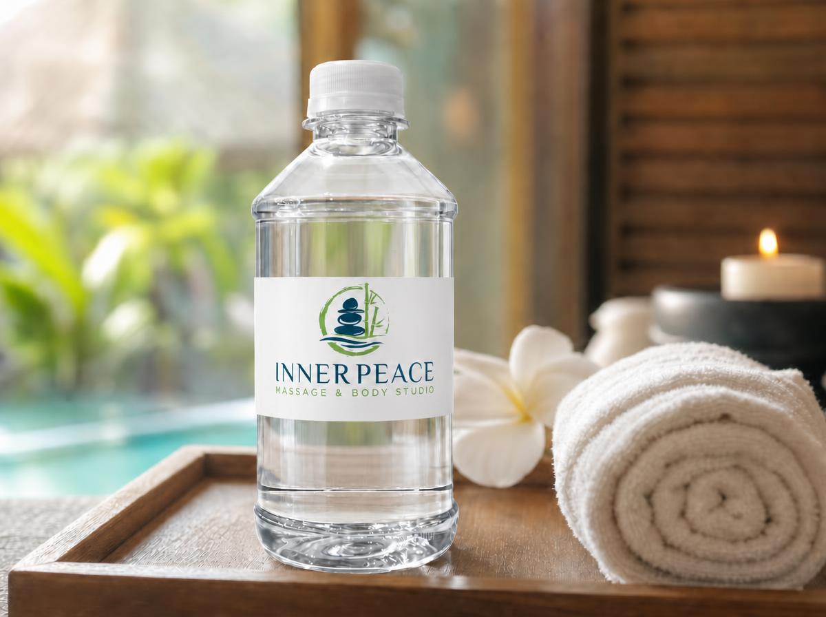 Custom labeled water bottle in a hotel setting