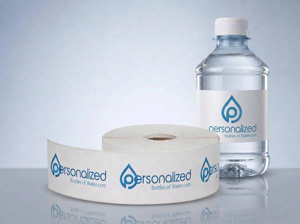 Roll of printed Personalized Bottles of Water labels next to a finished bottle