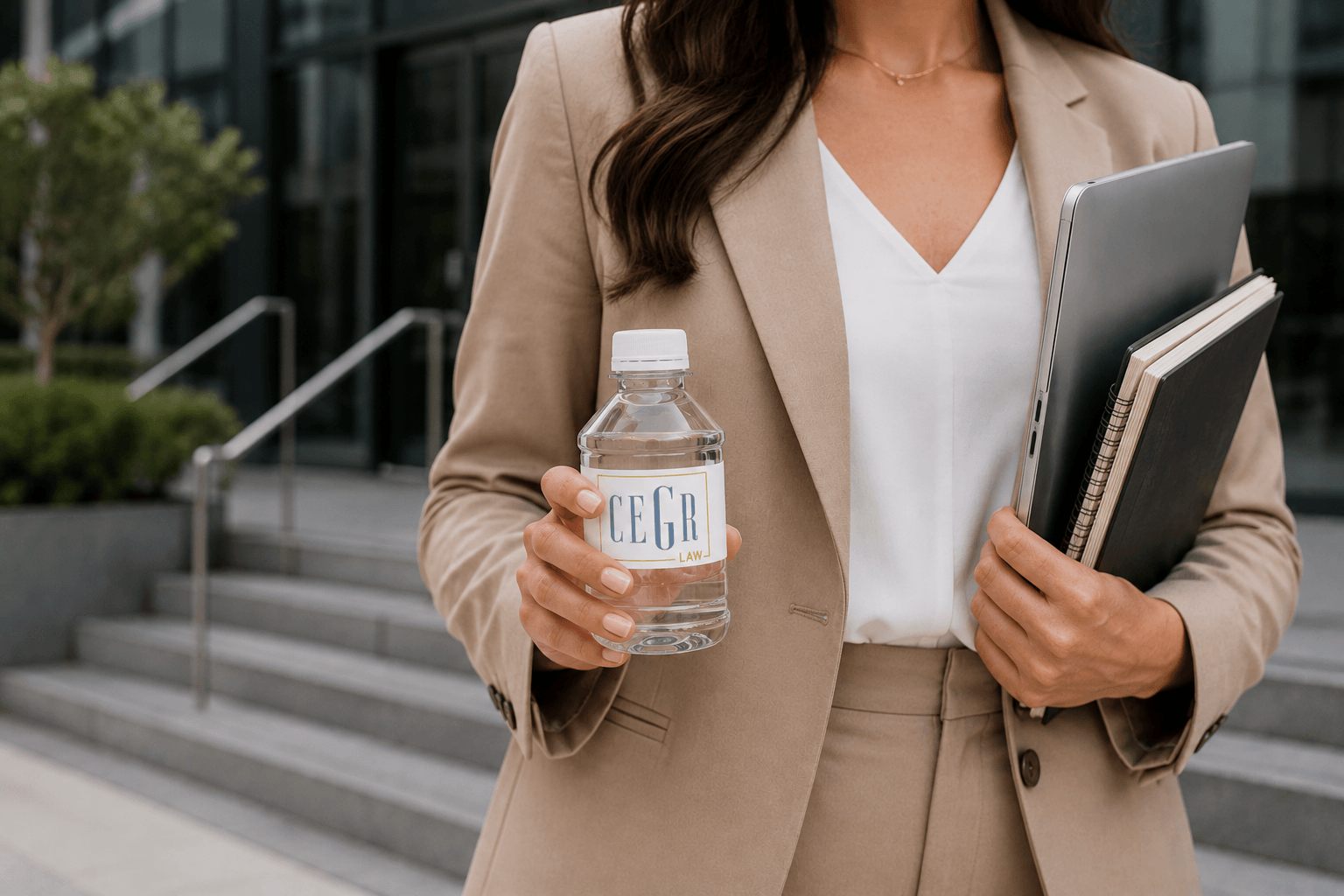 CEGR Law bottle in hand outside the courthouse