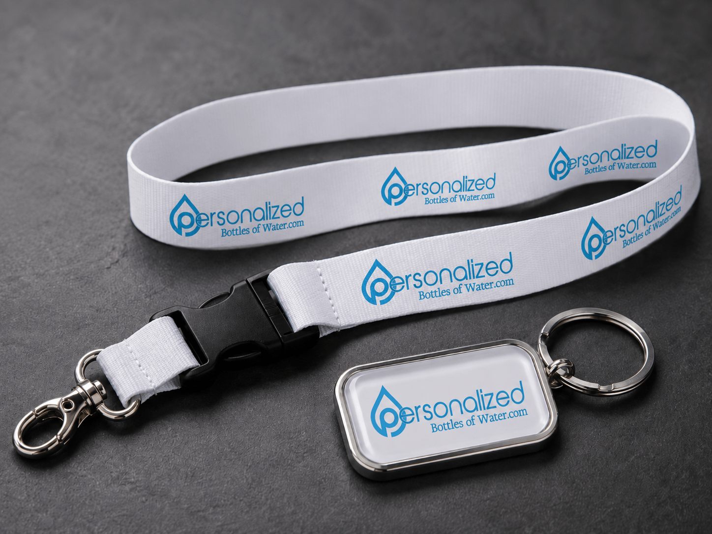 Personalized Bottles of Water lanyard and metal keychain