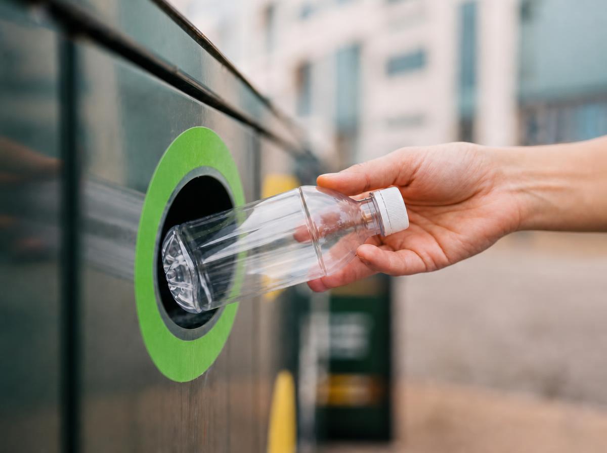 Hand recycling an empty water bottle into a recycling bin