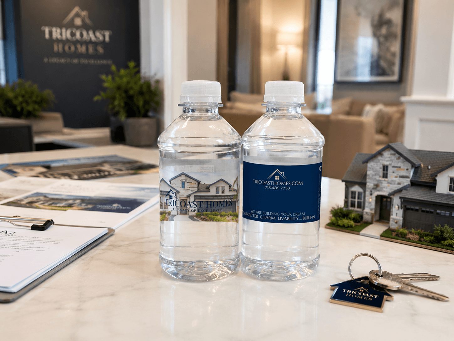 TriCoast Homes custom bottles in a builder sales center