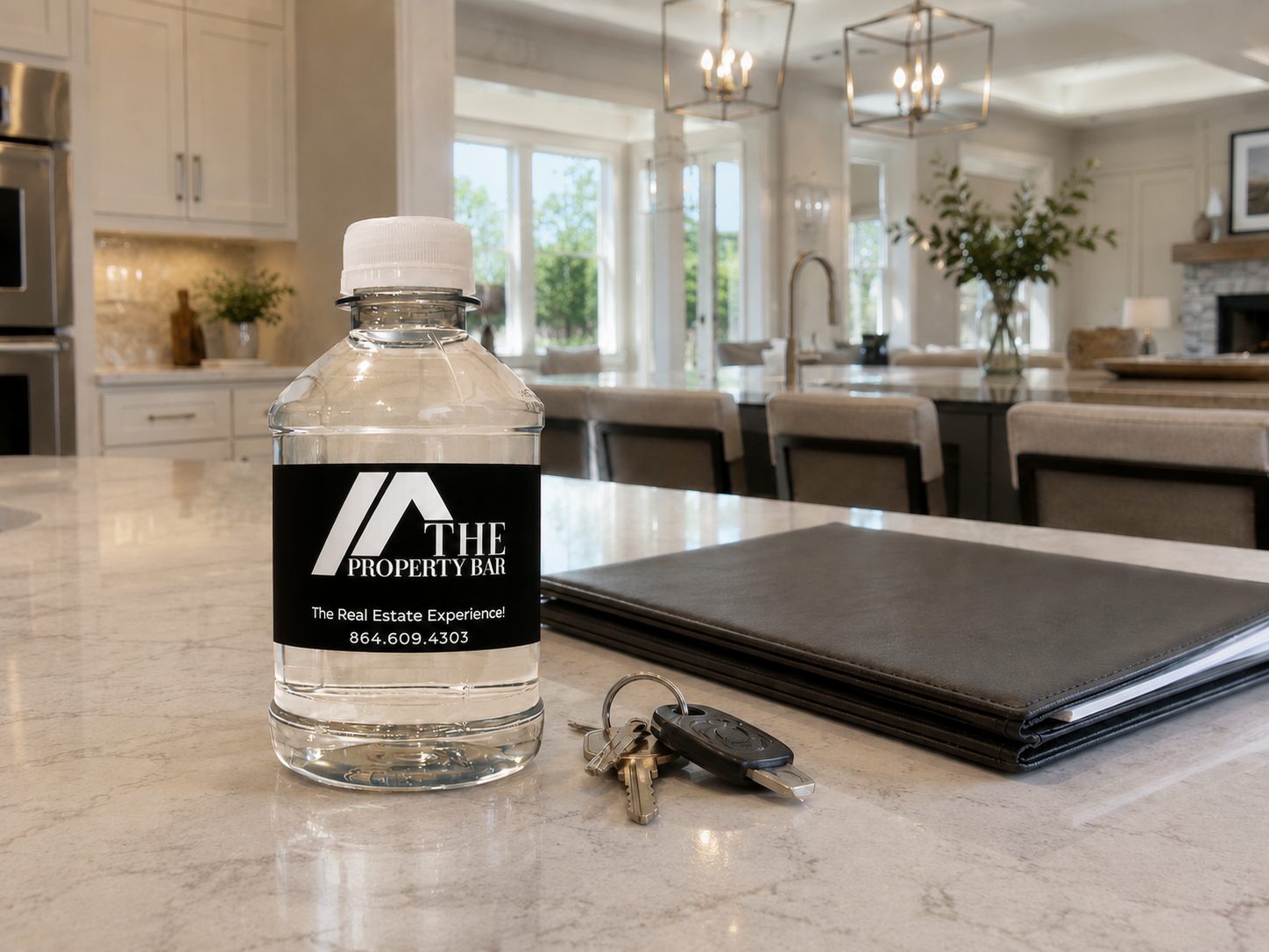 The Property Bar agent-branded bottle on a staged kitchen counter