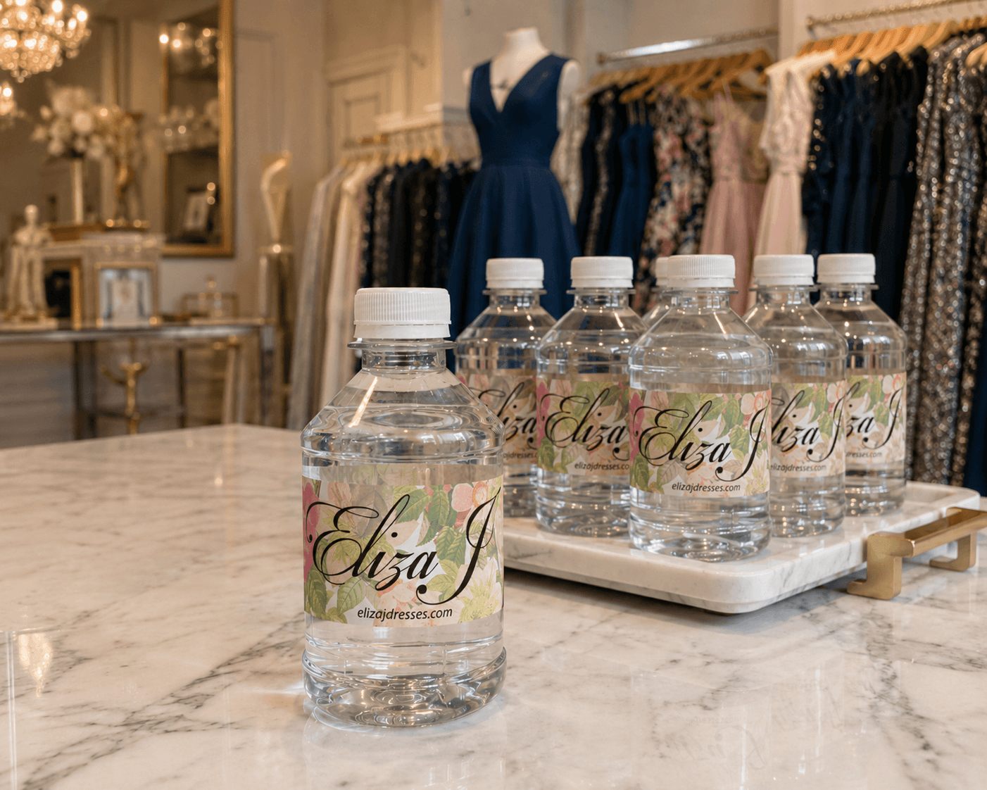 Eliza J floral-label bottles on the counter of a dress boutique