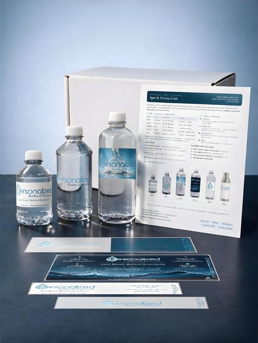 Sample kit contents: three custom-label bottles, label-finish swatches and a printed spec sheet