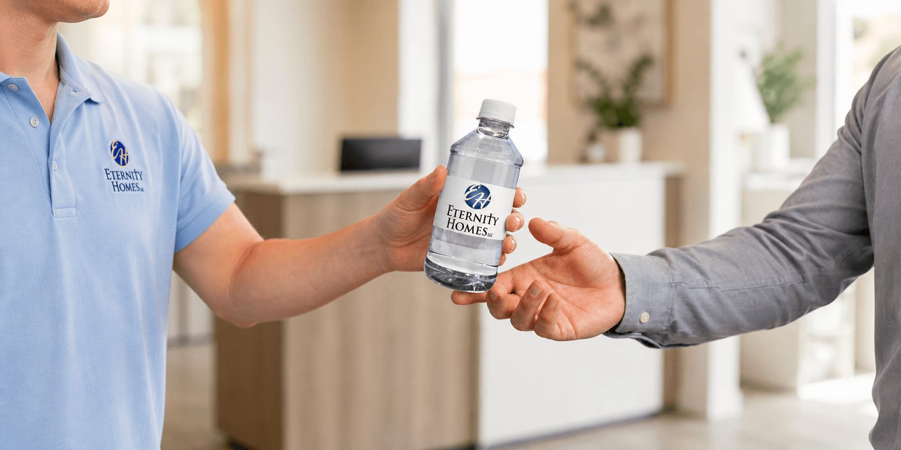 Handing a custom-label bottle to a customer