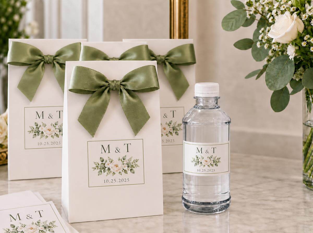 M & T wedding welcome bags with a matching bottled water