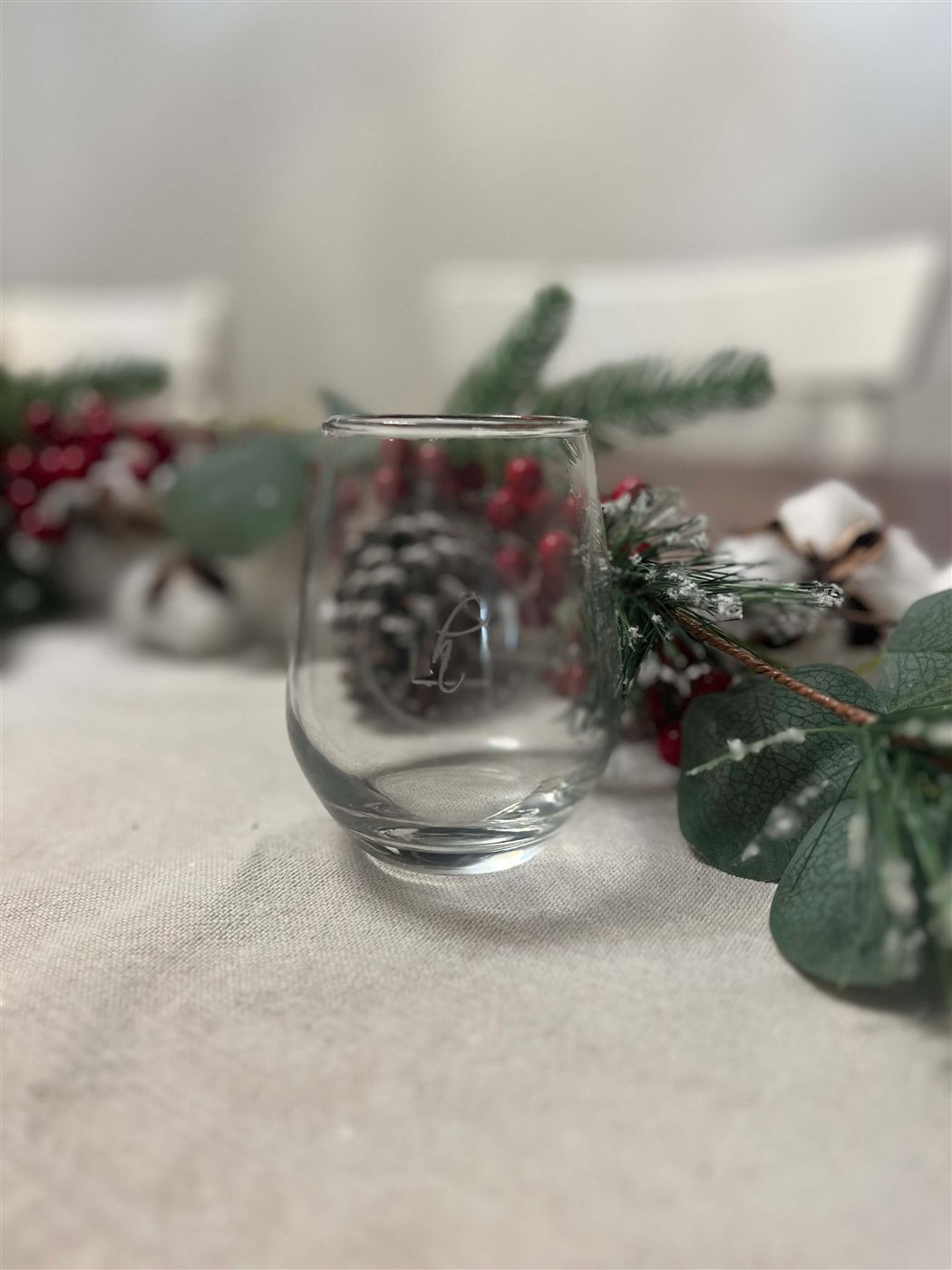 Stemless wine glass engraved with a monogram